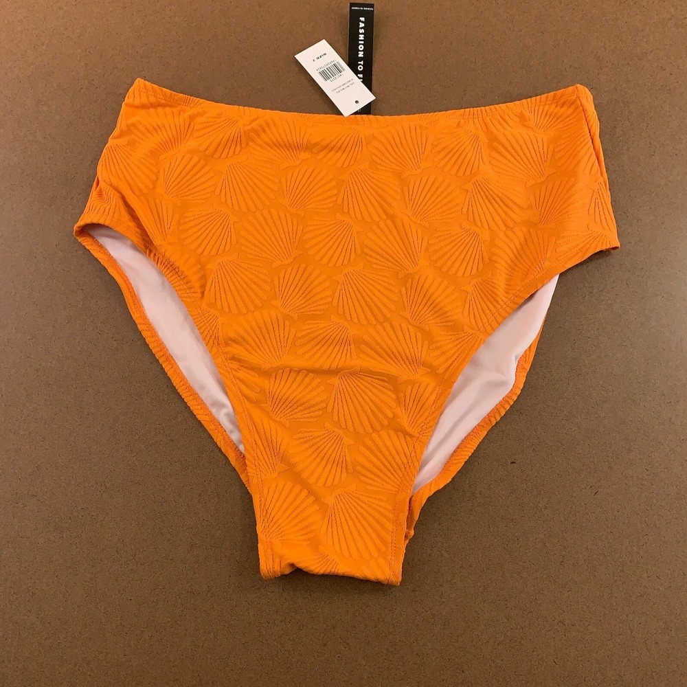 Fashion To Figure Womens 2X Orange Shell Print High Waist Bikini Swim Bottom NWT